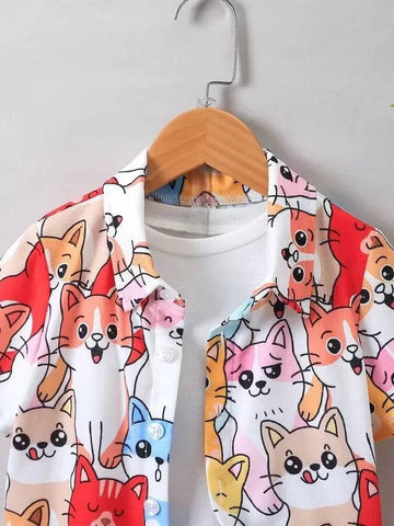 Brighten Your Kid's Day with This Colorful Cartoon Cat Print Summer Set