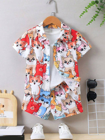 Brighten Your Kid's Day with This Colorful Cartoon Cat Print Summer Set