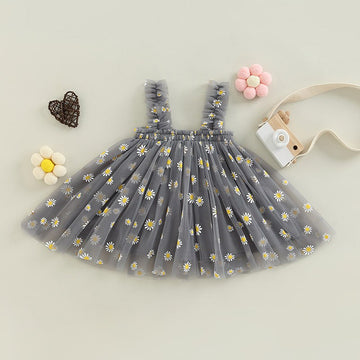 Chic Grey Floral Tulle Frock for Girls