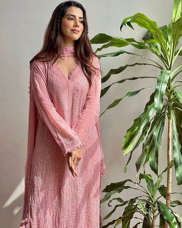 Elegant Pink Chikankari Anarkali Kurti with Scalloped Edges