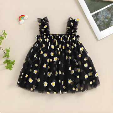 Elegant Black Daisy Print Tulle Frock for Girls