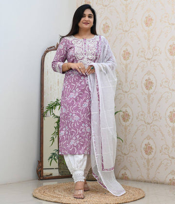 Baby Pink Floral Kantha Cotton Kurta Set